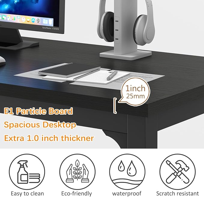 NSdirect 63 inch Computer Desk,Modern Simple Style PC Table Office Desk Wide Workstation for Study Writing,Gaming and Home Office,Extra 1" Thicker Wooden Tabletop and Black Metal Frame,Black