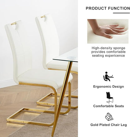 Goujxcy Gold Dining Table Set for 4, Glass Kitchen Table with Chair Set, Modern 51" Rectangle Glass Dining Table and 4 White PU Leather Chairs with Metal Frame for Kitchen Dining Room