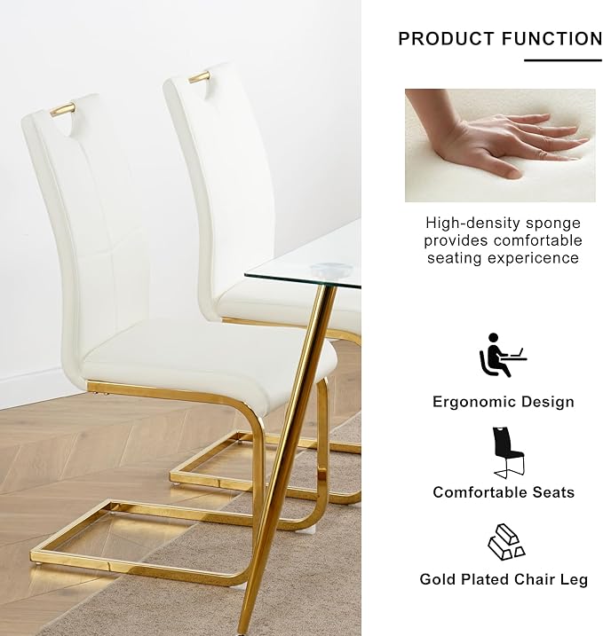 Goujxcy 3 Pieces Round Dining Table Set for 2, Modern Gold Glass Kitchen Table and Chairs for 2 with Upholstered Chairs, Circle Coffee Dining Table Set for Small Space,Apartment,Office