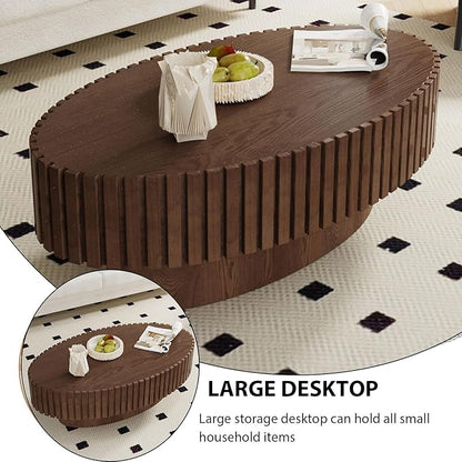 Oval Coffee Table, Handcrafted Fluted Drum Coffee Tables Modern Wood Coffee Table Drum Center Table for Living Room, Apartment (Oval Brown)