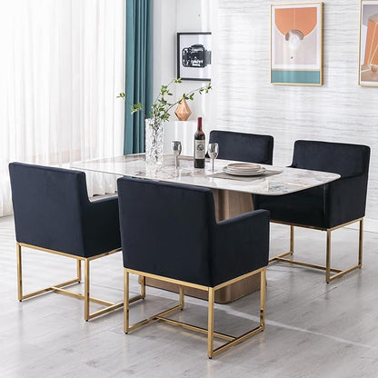 Set of 6 Upholstered Velvet Dining Chairs with Armrest, Mid Century Modern Accent Armchairs, Modern Kitchen & Dining Room Chairs with Gold Frame, Black
