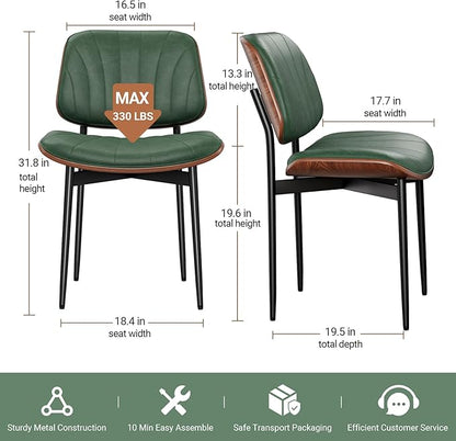 Dining Chairs Set of 8, Mid-Century Modern Upholstered PU Leather Chairs with Walnut Bentwood Back and Metal Legs Adjustable Feet for Kitchen Dining Room, Dark Green Shell Strips