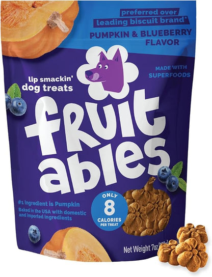 Fruitables Baked Dog Treats, Healthy Pumpkin Treat for Dogs, Low Calorie & Delicious, No Wheat, Corn or Soy, Made in the USA, Pumpkin and Blueberry Flavor, 7oz