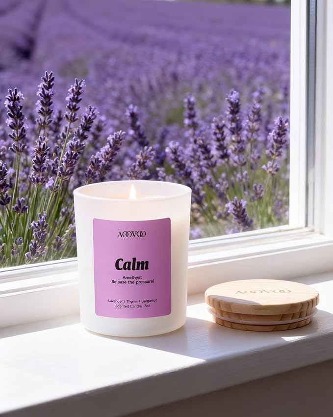 AOOVOO Calm Candles Set for Women - 4 Pack Candles for Home Scented, 28 oz 200 Hour Burn, Aromatherapy Candle with Crystals, Lavender Calm/Jasmine Serenity/Water Lily Pear Harmony/Patchouli Balance