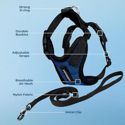 Voyager Step-in Lock Adjustable Cat Harness w. Cat Leash Combo Set with Neoprene Handle 5ft - Supports Small, Medium and Large Breed Cats by Best Pet Supplies - Royal Blue/Black Trim, XXS