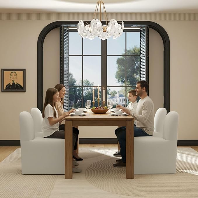 White Upholstered Chenille Dining Chairs Set of 4, Mid Century Modern Dining Room Chairs with Deep Seat & Curved Back, Armless Side Chair Comfy Kitchen Chairs for Living Room/Kitchen