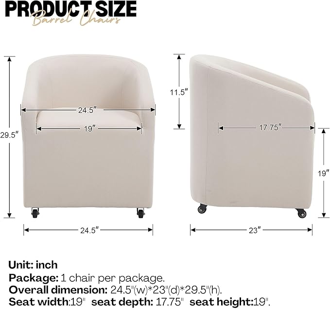 Set of 6 Modern Upholstered Dining Chairs with Swivel Casters, Linen Barrel Back Accent Side Chair for Dining Room Living Room, Beige