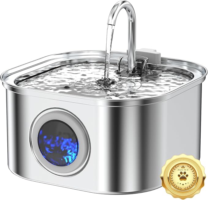 Cat Water Fountain Stainless Steel, 3.2L/108oz Cat Fountain with Large Water Level Window, Pet Water Dispenser with Quiet Pump Ideal for Cats, Dogs and Multi-pet households