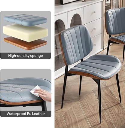 Dining Chair, Mid Century Modern Dining Room Chairs, Upholstered Faux Leather Kitchen Chairs with Walnut Bentwood Back and Metal Legs for Kitchen Dining Room Living Room, Blue