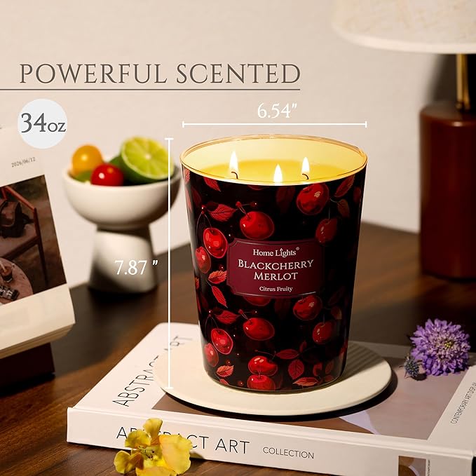 HomeLights Soy Wax Candles for Home Scented, 3-Wick Candles in Blackcherry Merlot Scented, Aromatherapy Candles Gift for Parties, Relaxing, Eclectic Mixed Styles, 34oz