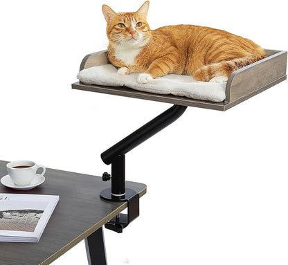 PAWZ Road Cat Desk Bed, Wooden Cat Bed for Desk Supports Up to 50 lbs, 360° Rotation & Adjustable, Nest Desktop Attachment Cats Hammock for Table, Gray
