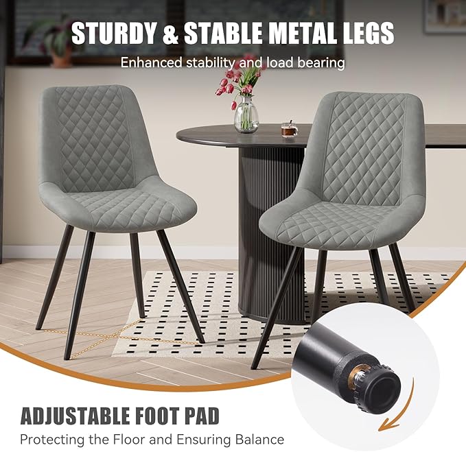 Modern Dining Chairs Set of 6, Top PU Leather Upholstered Dining Room Chairs with Metal Legs, Ergonomic Kitchen Chairs for Kitchen Dinning Room, Grey