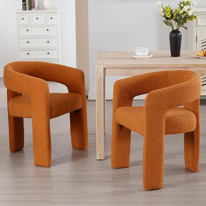 Modern Sherpa Dining Chairs Set of 2, Upholstered Barrel Chairs with Arms Comfy Accent Side Chairs for Living Room/Dining Room/Reception, Terra Cotta