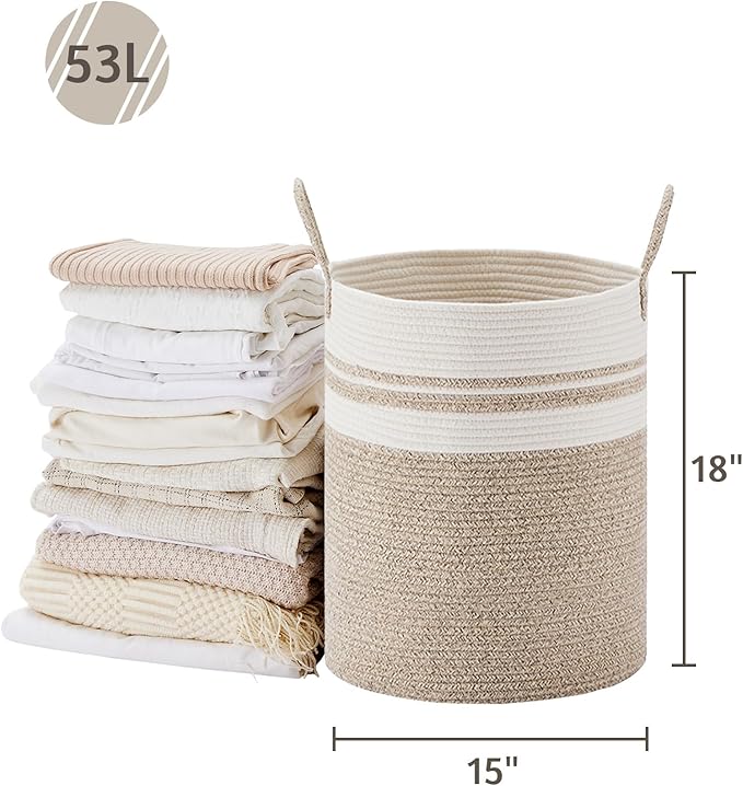 VIPOSCO Large Laundry Hamper, Tall Woven Rope Storage Basket for Blanket, Toys, Dirty Clothes in Living Room, Bathroom, Bedroom - 53L Brown & White
