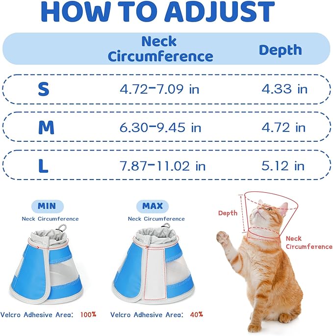 Breathable Air Mesh Cat Cone Collar Soft to Stop Licking, Adjustable, Foldable Lightweight Kitten Cones After Surgery Recovery for Cats & Kittens (Light Blue, S)