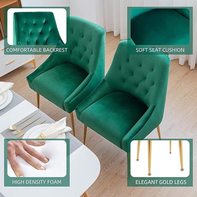 Modern Dining Chairs Set of 6, Mid Century Velvet Upholstered Chairs with 5.12' Cushions, Golden Legs and Back Pull Rod, for Kitchen, Living Room (Green)