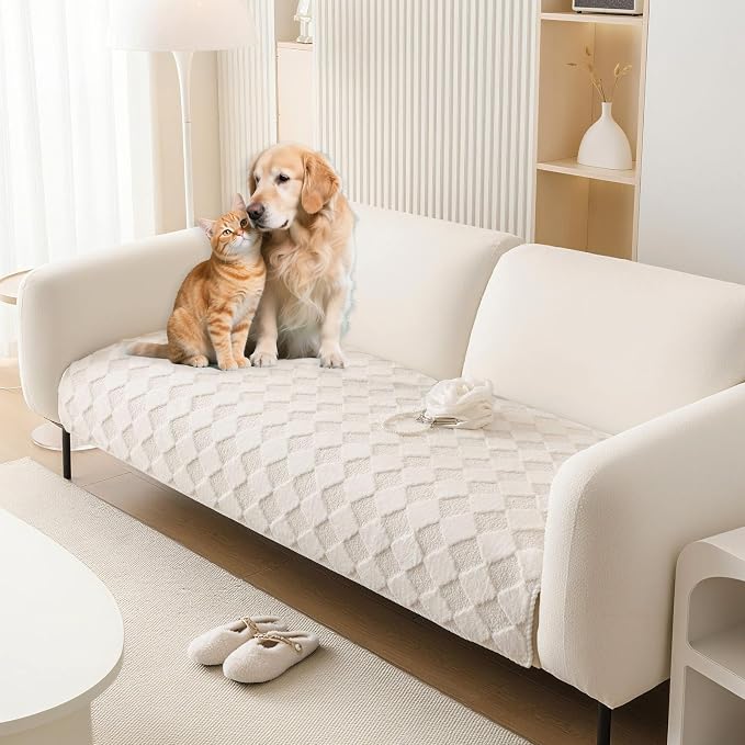 HANDONTIME Non-Slip Pet Couch Cover Washable, Plush Faux Fur Couch Protector for Cushion Pet-Friendly Sofa Covers for Dogs, Checkered Diamond Sectional Covers Dog Mat for Sofa (Ivory, 35.6" x 82.7")