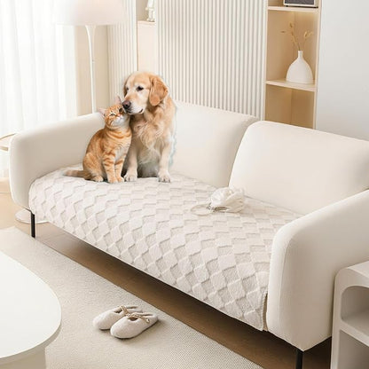 HANDONTIME Non-Slip Pet Couch Cover Washable, Plush Faux Fur Couch Protector for Cushion Pet-Friendly Sofa Covers for Dogs, Checkered Diamond Sectional Covers Dog Mat for Sofa (Ivory, 35.6" x 82.7")