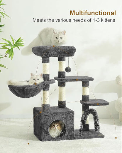 HOOPET 32IN Cat Tree for Indoor Cats - Multi-Level Cat Tower with Hammock, Condo, Scratching Posts, Self-Grooming Brush & Play Ball - Space-Saving Cat Furniture for Small Apartments