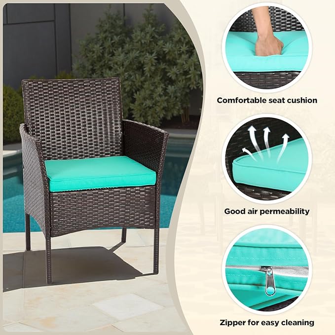 FDW | 4-Piece Patio Furniture Set | Brown & Blue | Outdoor Wicker Furniture with Coffee Table | Modern Rattan Chairs Conversation Set | Outdoor Seating | Weather-Resistant | for Porch, Garden, Lawn
