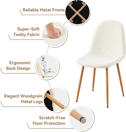 Howtek Mid-Century Modern Dining Chairs Set of 4, Plush White Teddy Fleece Upholstered Kitchen Side Chairs with Backrest & Metal Legs for Dining Room, Living Room, Apartment