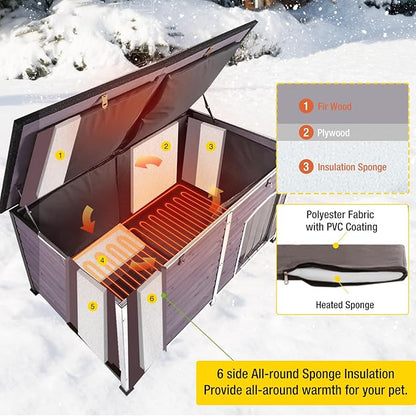 Heated Dog House with Electric Heating Pad Extra Large 59.1" Outdoor & Indoor Dog Kennl with Insulated Liner Keep Warm in Winter, Waterproof Pet Shelter, Strong Metal Frame，35.4"D x 59.1"W x 35.4"H