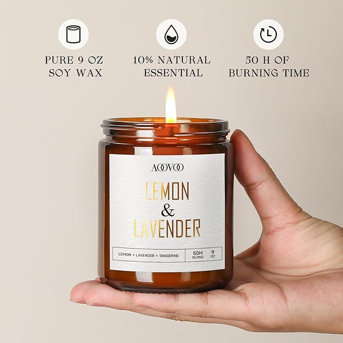 AOOVOO Lemon Lavender Scented Candle - Lavender Candle, Scented Candles, Soy Aromatherapy Candle, Soy Wax Candle, 9oz