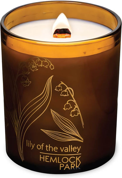 Hemlock Park Amber Gold Leaf Glass Wood Wick Candle Handcrafted with Natural Coconut Wax (Standard 7.2 oz, Lily of The Valley)