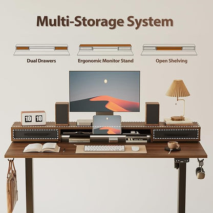 Agilestic 55 Inch Electric Standing Desk with Drawers, Adjustable Desk with Storage Shelf, Stand Up Home Office Computer Table, Splice Board, Dark Walnut