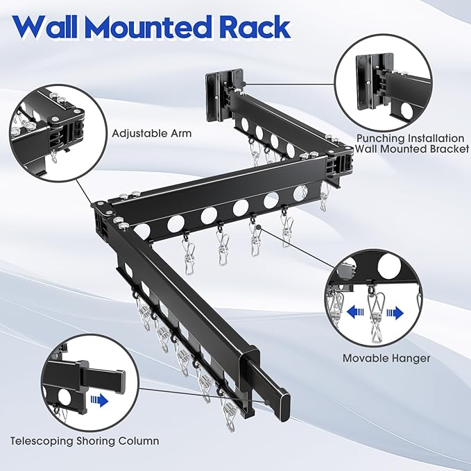 Clothes Drying Rack Foldable Wall Mounted Drying Rack 3 Fold Black-Laundry Drying Rack Durable Clothing Racks for Hanging Clothes