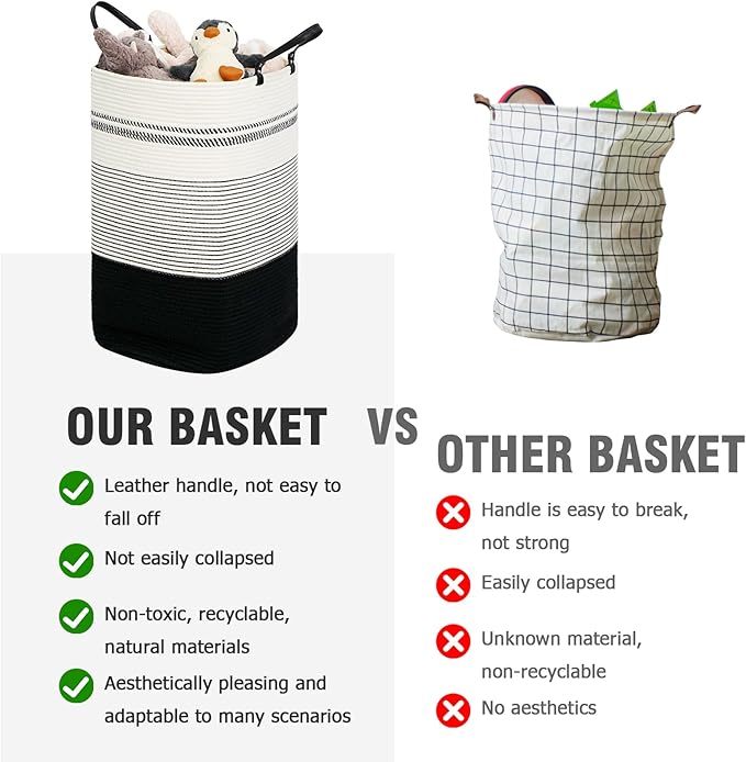 danpinera 75L Woven Laundry Hamper with Long Leather Handles, Baby Laundry Basket for Nursery, Tall Hampers for Bedroom Aesthetic, Decorative Clothes Storage Basket for Family White & Black