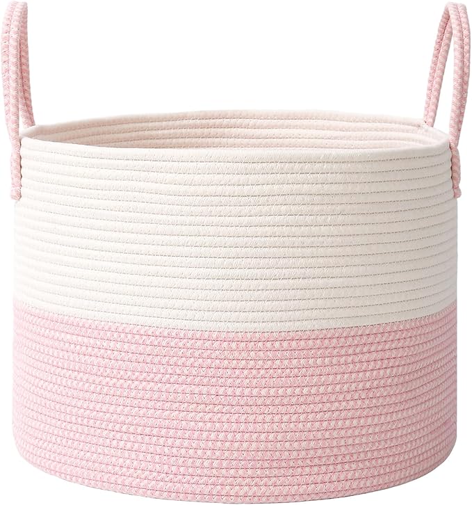Woven Blanket Basket,65L Large Rope Storage Bin with Handles, Organizer for Blankets Toys Book and Clothes, Laundry Basket for Living Room Bedroom Nursery,White&Pink