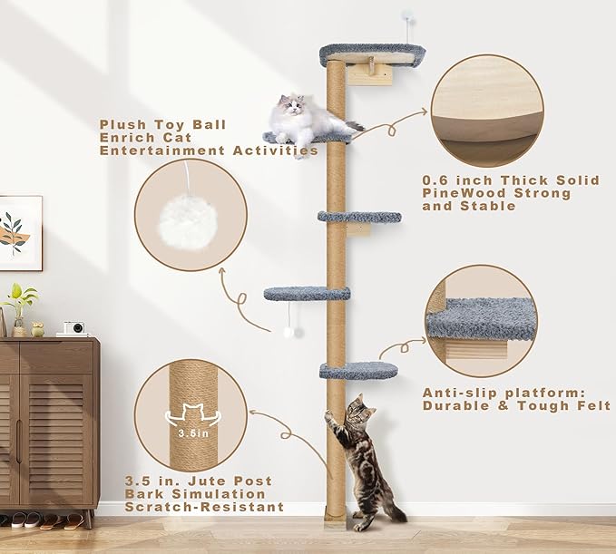 Cat Wall Shelves for Kittens, 83” Floor to Ceiling Cat Tree with Grey Plush Pads, Adjustable Wild Simulation Climbing Tree, Wall-Mounted Cat Tower with Scratching Post for Play, Climb & Scratching