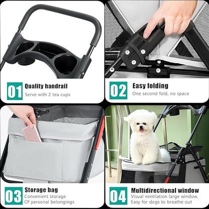 Pet Stroller 4 Wheels Dog Cat Stroller,Outdoor Trave Pet Folding Stroller,Foldable Dog Cat Cage Jogger Stroller with Cup Holder,Breathable and Visible Mesh for Medium Dogs Cats Grey