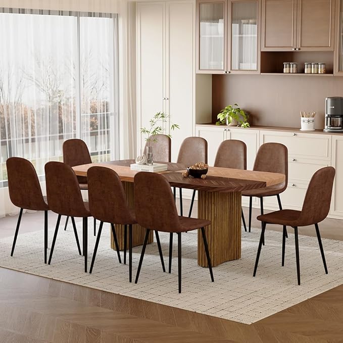 79" Large Dining Table Set for 10, Modern Farmhouse Dining Room Table Set with 1.7" Thick Two-Tone Wood Top, Sculpted Wave Legs & 10 Suede Upholstered Chairs, Wooden Kitchen Table Set for Living Room