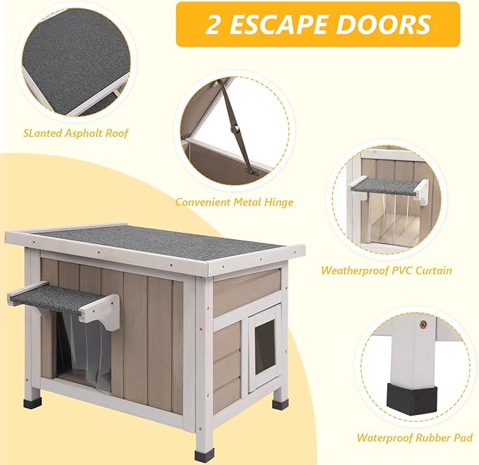 22.44" L Cat House,Feral Cat Shelter for Kittens,Outdoor Weatherproof Cat Enclosure with Openable Asphalt Roof & 2 Escape Doors for Small Cats,Suit for 1-2 Cat,Grey