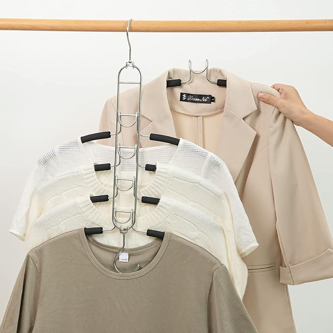 Nature Smile 2 Pack 5 in 1 Anti Slip Clothes Hangers,Space Saver Magic Metal Hangers,Multi Layers Wardrobe Clothes Rack,Heavy Duty Metal Blouse Hanger Closet Storage Organizer