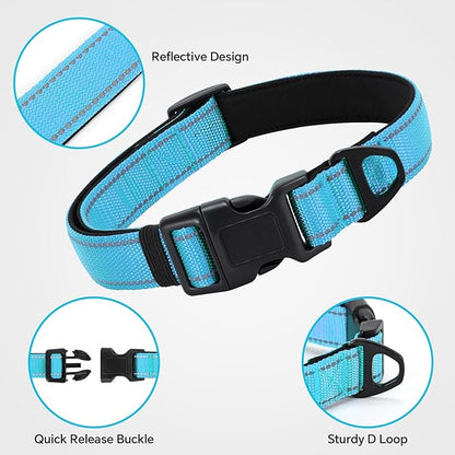 Reflective Dog Collar with Quick Release Buckle - Metal Ring - Adjustable Soft Neoprene Padded Basic Dog Collar for Small Medium Large Dogs (SkyBlue, Small :Width 1",Neck 11.8-15.7")