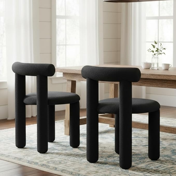 DUOMAY Modern Black Boucle Dining Chairs Set of 6, Sherpa Upholstered Kitchen Chairs Armless Barrel Back Dining Chair, Living Dining Room Chairs, Reception