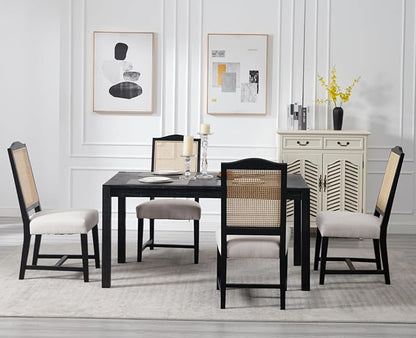 EALSON Rattan Dining Chairs Set of 6 Linen Upholstered Chairs for Dining Room, Mid-Century Modern, Black Wood Frame, Beige