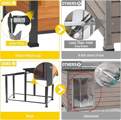 Chew-Resistant Dog House with Metal Frame, Wooden Kennel for Indoor & Outdoor Use, Waterproof Roof & Feeding Bowls Included (Wood, L-in)