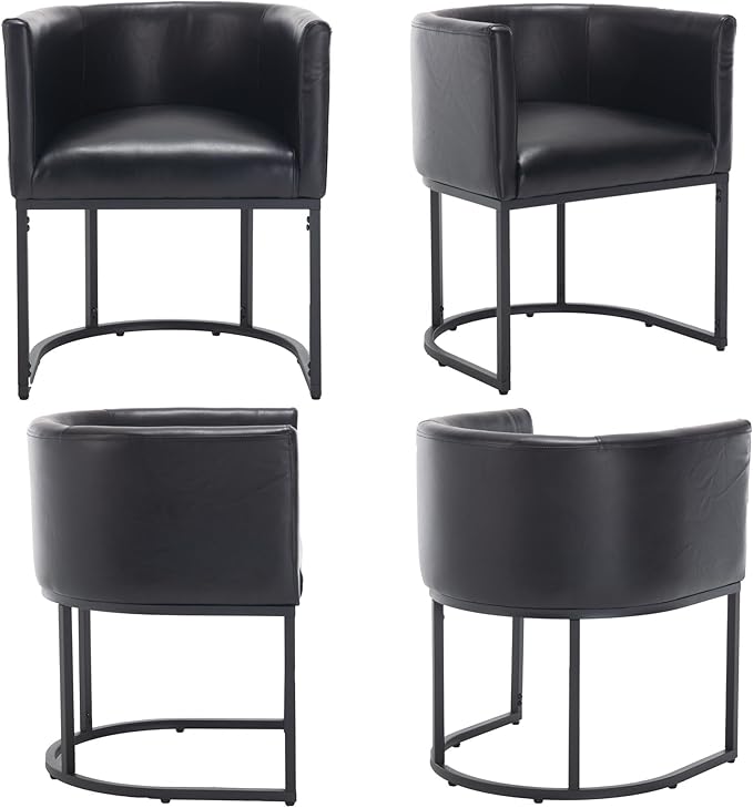 Faux Leather Dining Chair Modern Barrel Arm Chairs with Black Metal Frame, Upholstered Kitchen Chairs 18.5" Wide Accent Chair for Living Room Dining Room Restaurant, Black