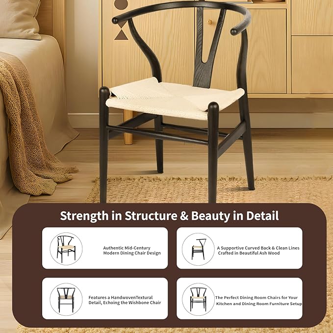 Tomile Solid Wood Wishbone Chair Y Chair Mid-Century Armrest Dining Chair, Hemp Seat (Ash-Black Frame + Natural Cord)