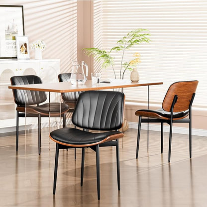 Dining Chairs Set of 8, Dining Room and Kitchen Chairs, FSC Certified Mid Century Modern Accent Chair, Upholstered PU Leather Chairs for Vanity with Walnut Bentwood and Metal Legs, Black