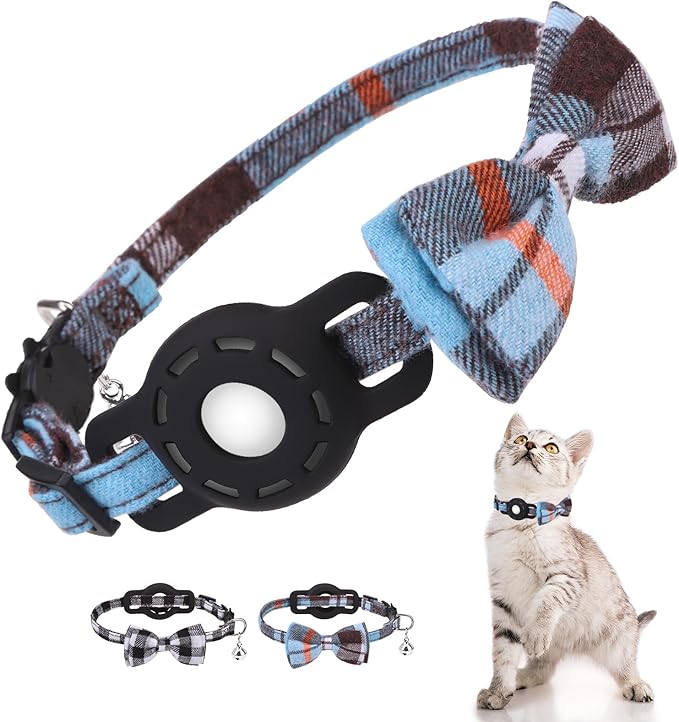 Airtag Cat Collar with Bells, Kitten Collar Breakaway for Girl Boy Cats, Safety Cat Collars with Bow Tie, Cat Collar Airtag Holder for Small Dogs Pets, 1 Pack Adjustable Plaid Design, Blue