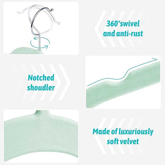 Velvet Hangers 50 Pack – Slim Non-Slip Flocked Hangers with Notches, Space-Saving Closet Organizer for Dresses, Blouses, Coats(Green)