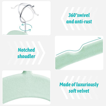 Velvet Hangers 50 Pack – Slim Non-Slip Flocked Hangers with Notches, Space-Saving Closet Organizer for Dresses, Blouses, Coats(Green)