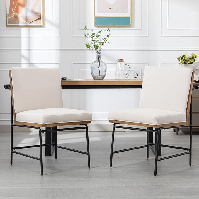 DUOMAY Mid-Century Modern Dining Chairs Set of 2, Linen Upholstered Side Chair with Rear Handle, Armless Chair with Metal Legs for Kitchen Dining Room Living Room Vanity, White