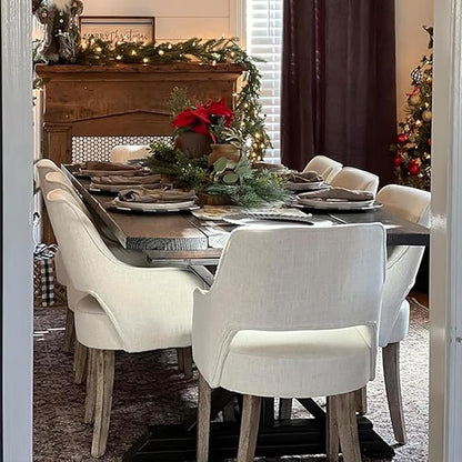 Farmhouse Dining Chairs Set of 2 Linen Kitchen Chairs with Arm Upholstered Accent Side Chair w/Wood Legs for Living Room/Dining Room/Bedroom/Restaurant, Upgraded Size, Cream
