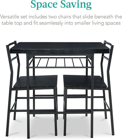 Best Choice Products 3-Piece Modern Dining Set, Space Saving Dinette for Kitchen, Dining Room, Small Space w/Steel Frame, Built-in Storage Rack - Black/Black